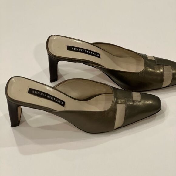 Sesto Meucci grey metallic toned Italian leather heeled mules netting size 6.5 - Picture 2 of 10